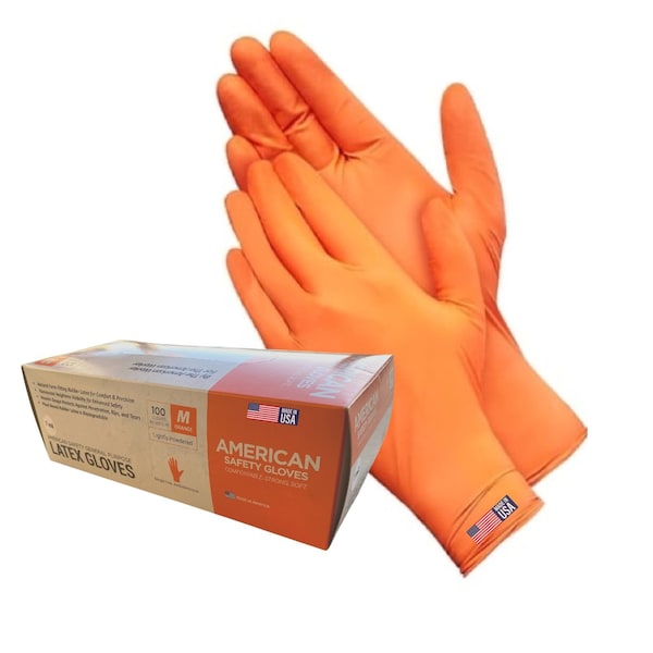 American Safety Glove Disposable Gloves, 7 mil Palm, Latex, Powdered, M, 100 PK, Orange 5113 - main